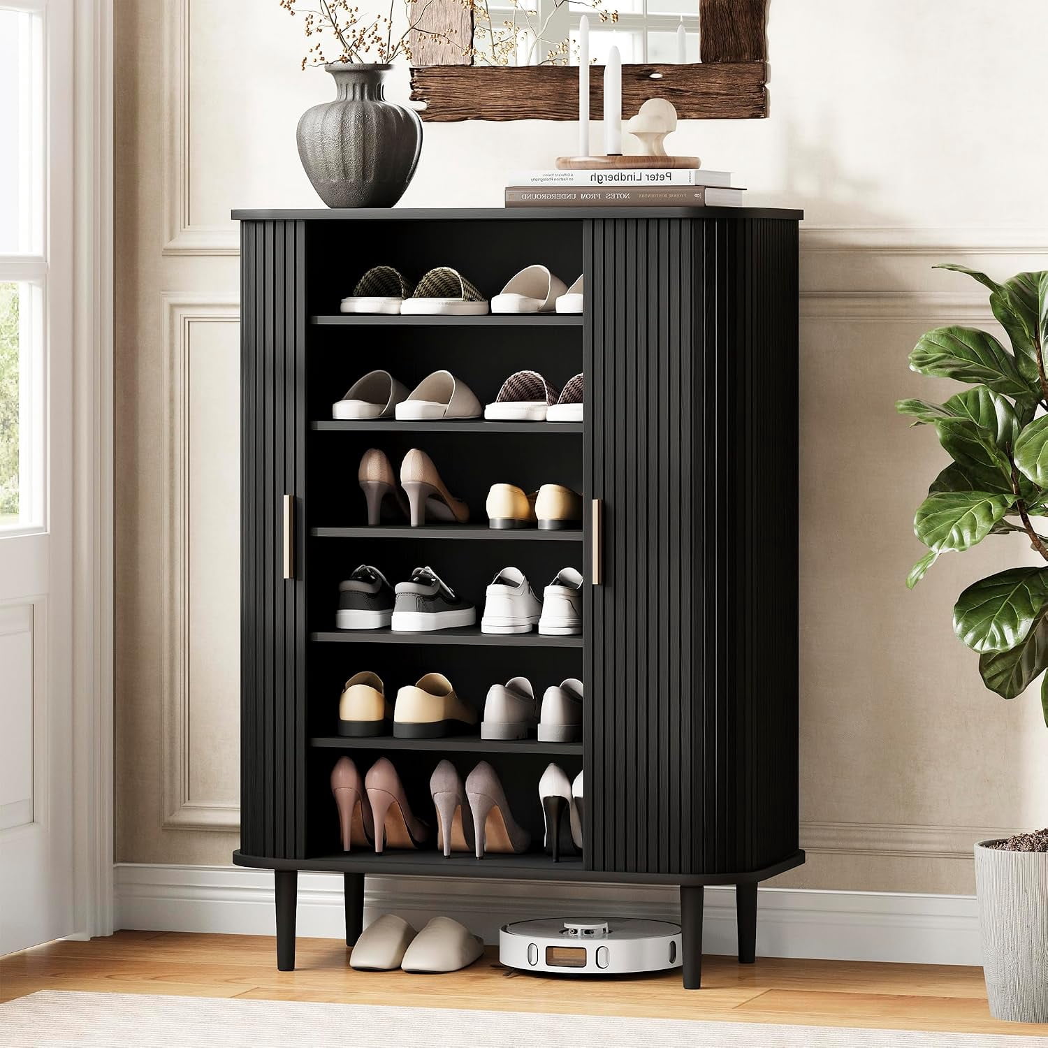 31.5 " Shoe Storage Cabinet with Sliding Door, 6-Tier Adjustable Freestanding Shoe Organizer for Entryway, Hallway, Black