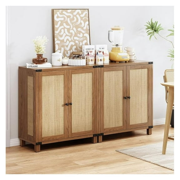 31.5" Sideboard Buffet Cabinet with Storage, Rattan Style Credenza with 2 Soft-Close Doors & Adjustable Shelves, Accent Cabinet for Living Room, Hallway, Kitchen, Walnut1 PCS