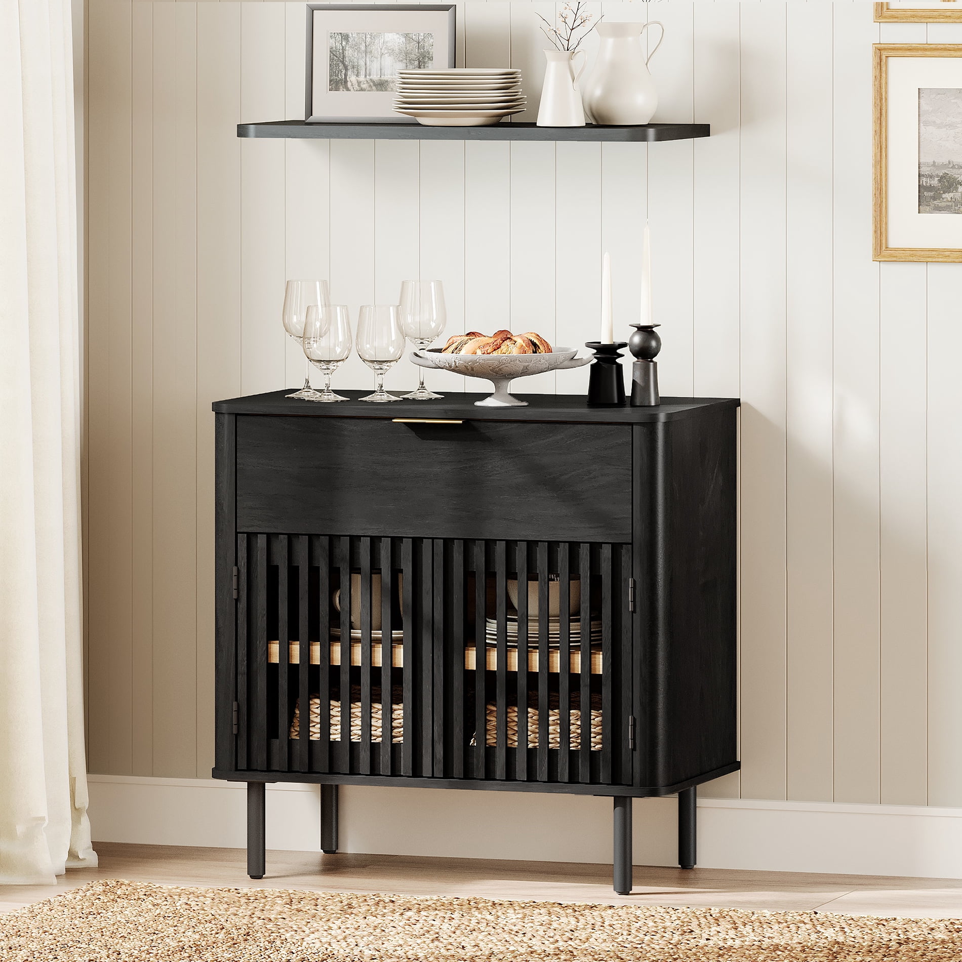31.5" Sideboard Buffet Cabinet with Storage - Fluted Kitchen Credenza Cabinet with Pop-up Doors and Drawer, Black