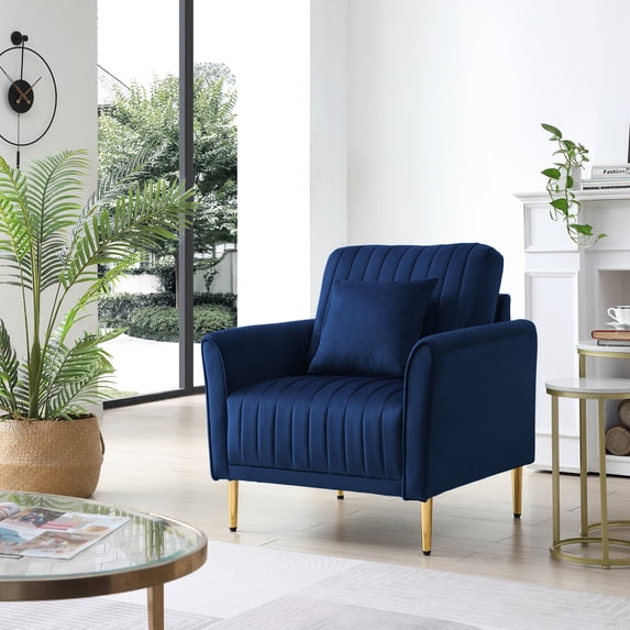 31.5" Single Sofa Chair Modern Velvet Fabric Accent Chair Upholstered Reading Armchair with Deep Channel Tufting and Gold Metal Legss for Living Room Apartment Bedroom Office Dorm Studio, Blue