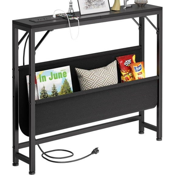 31.5'' Skinny Console Table with Charging Station and Storage, Narrow Sofa Table with Power Outlets and USB Ports, Behind Couch Table, for Living Room, Foyer, Entryway, Hallway, Black