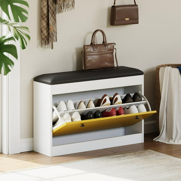 31.5" Slim Shoe Storage Bench with Flip-Drawer & PU Cushion, Modern Entryway Organizer for Hallway, Bedroom, Living Room