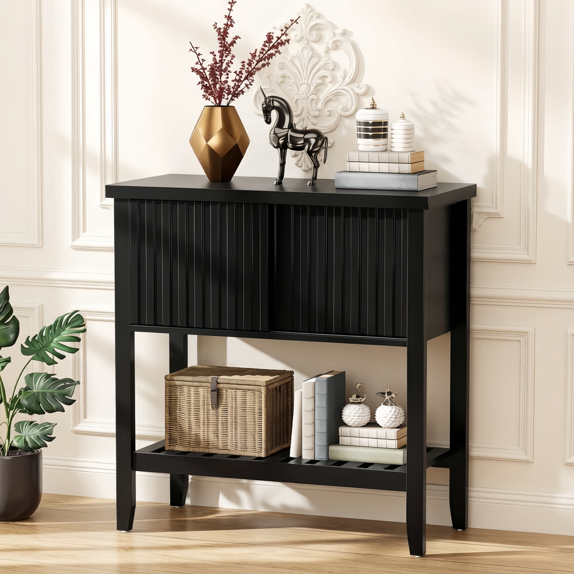 31.5" Small Entryway Display Table, Wooden Console Table with 2 Sliding Doors, Storage Accent Sofa Table with Open Shelf
