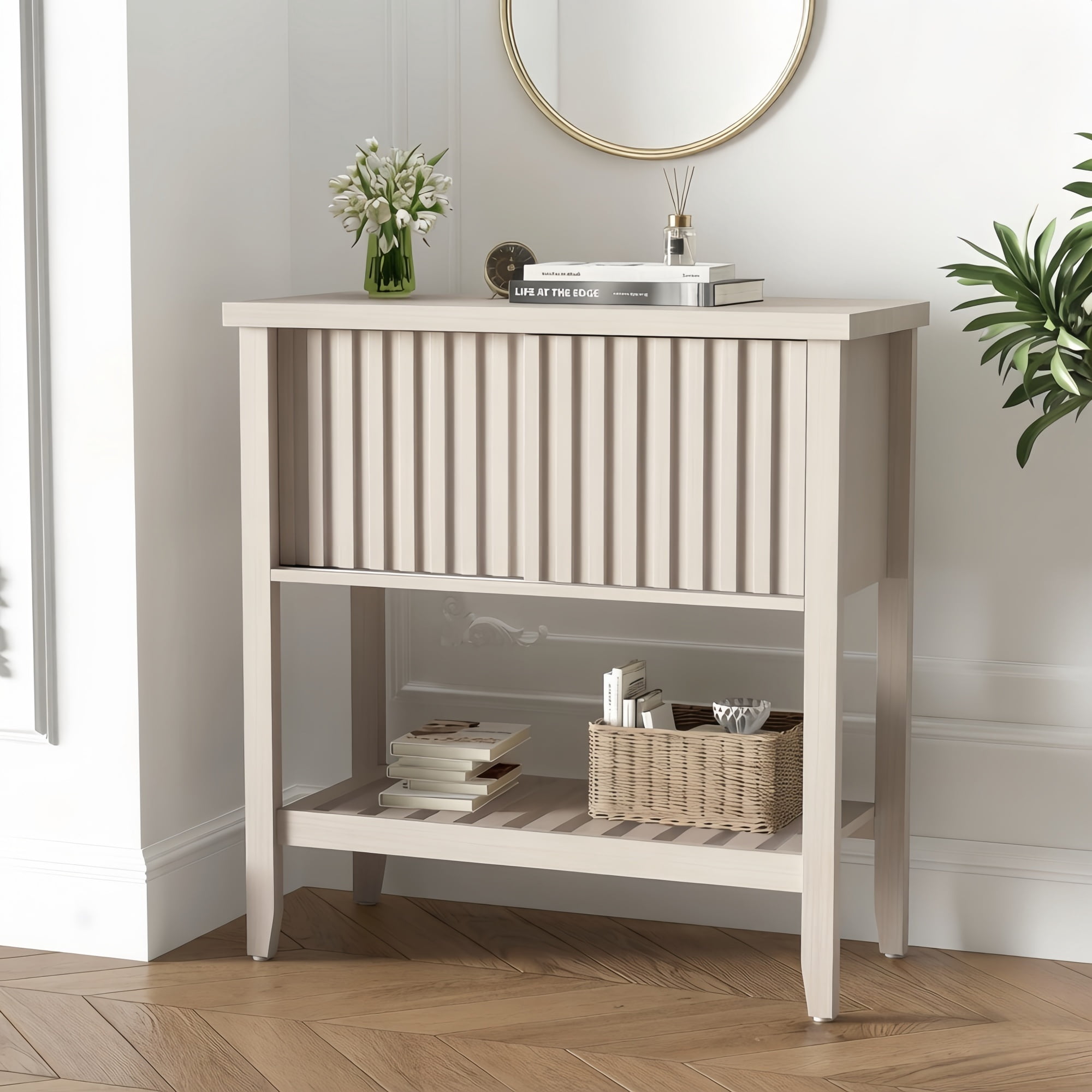 31.5" Small Entryway Display Table, Wooden Console Table with 2 Sliding Doors, Storage Accent Sofa Table with Open Shelf