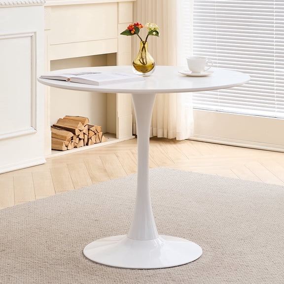 31.5" Round Dining Table for 2-4 Modern Circle Tulip Table with Metal White Tulip Pedestal Base for Kitchen Dining Living Room Apartment Small Space Cafe, White