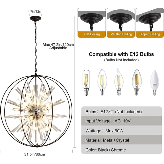 31.5'' Sputnik Crystal  Chandelier, 21-Light Modern Large Black and Chrome Pendant Light for Entryway, High Ceiling Farmhouse Staircase Chandeliers, Foyer Dining Room Hanging Light Fixtures