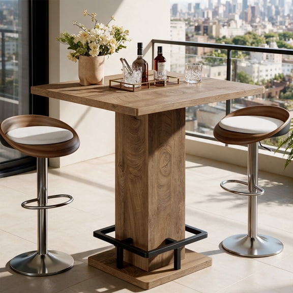 31.5" Square Bar Table, Counter Height Pub Table with Pedestal Base & Footrest, Wooden Bar Height Table for 2-4, Home Bar, Kitchen & Breakfast Nook