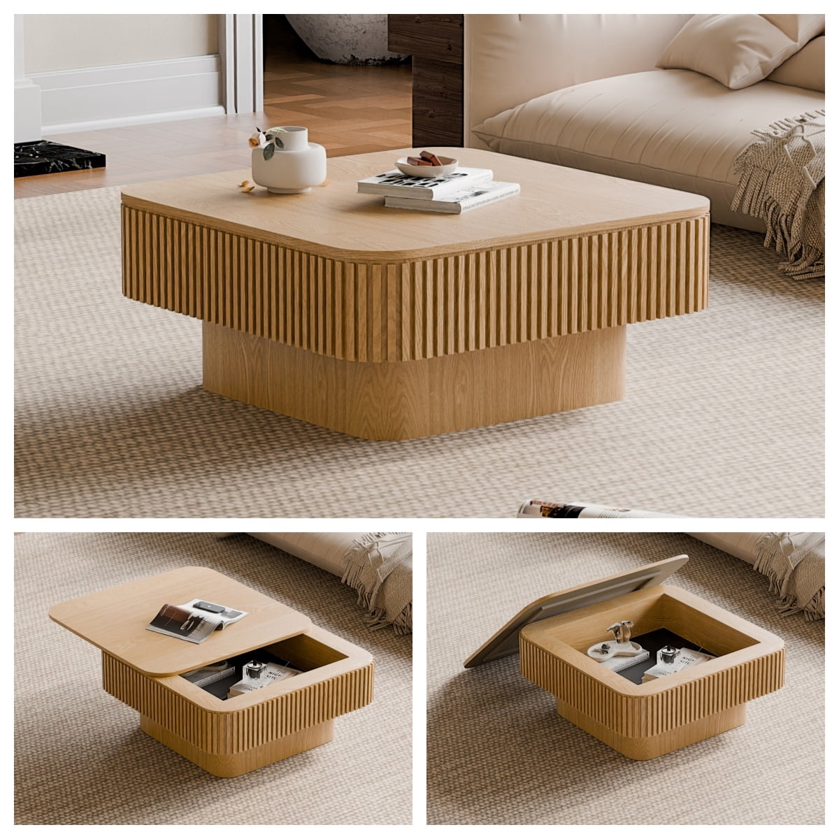 31.5'' Square Coffee Table with Storage Compartment, Solid Wood Accent Table with Lid, Modern Center Table Tea Table for Living Room, Bedroom, Apartment or Office