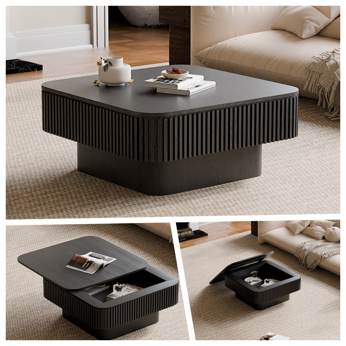 31.5'' Square Coffee Table with Storage Compartment, Solid Wood Accent Table with Lid, Modern Center Table Tea Table for Living Room, Bedroom, Apartment or Office