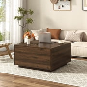 31.5" Wood Square Coffee Table with Storage, Modern Center Table with 4 Drawers, Walnut Finish