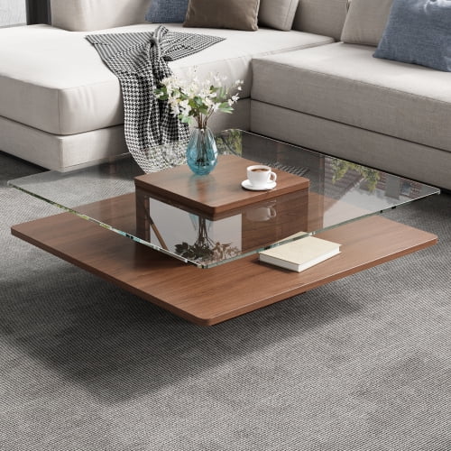 31.5" Square Coffee Table with Clear Tempered Glass Top and Storage Shelf, Walnut