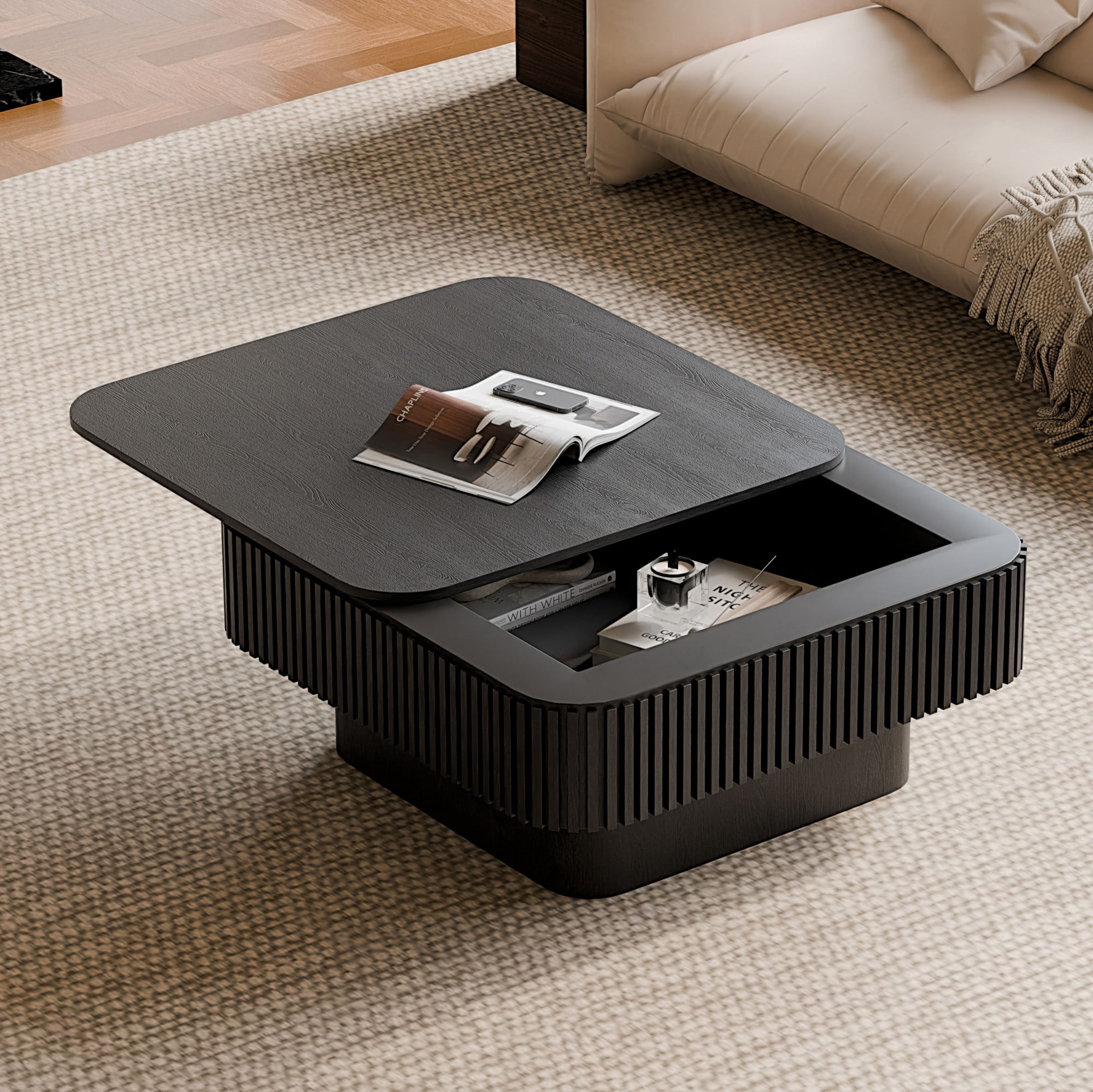 31.5" Square Coffee Table with Storage, Modern Fluted Coffee Table with Hidden Compartment, Wood Veneer Center Table for Living Room, Black