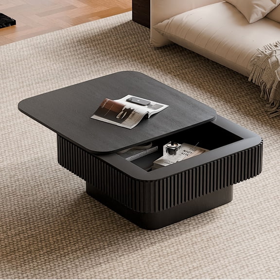 31.5" Square Coffee Table with Storage, Modern Fluted Coffee Table with Hidden Compartment, Wood Veneer Center Table for Living Room, Black