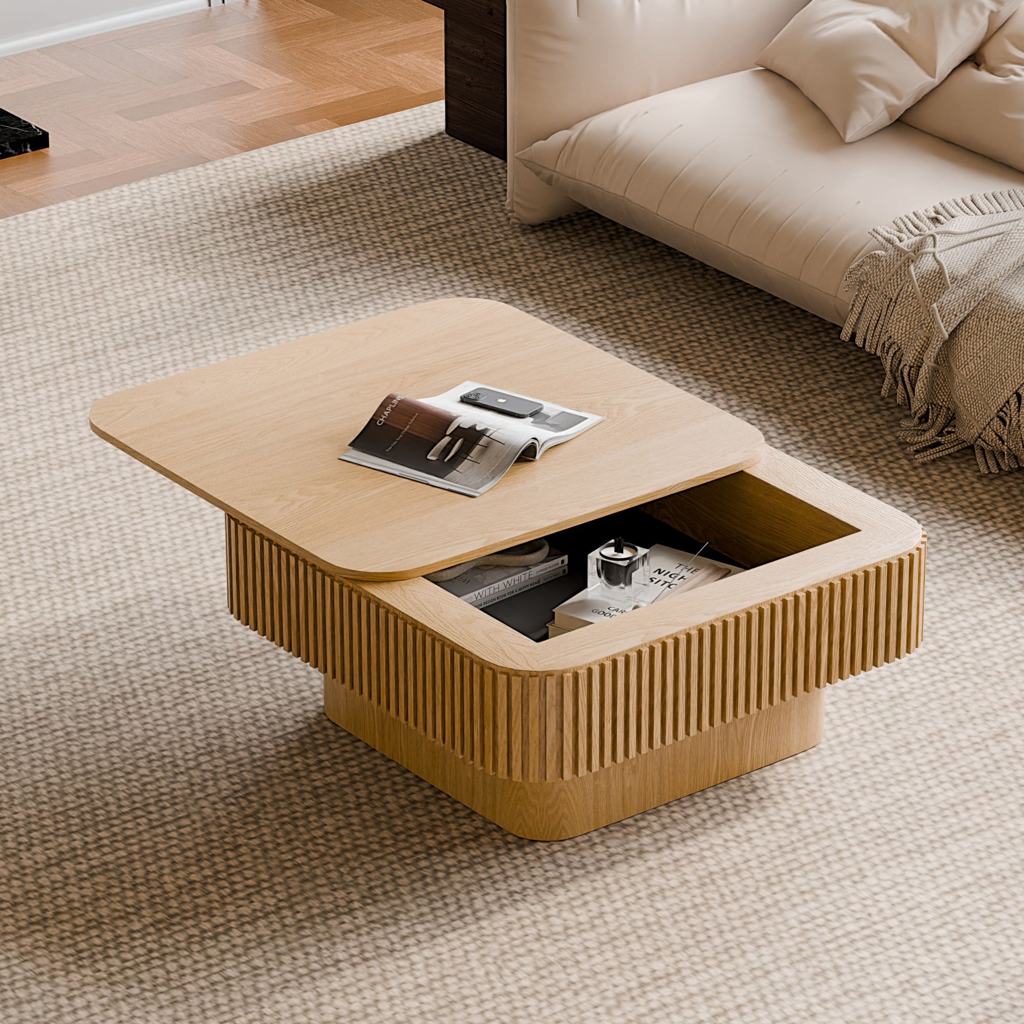 31.5" Square Coffee Table with Storage, Modern Fluted Coffee Table with Hidden Compartment, Wood Veneer Center Table for Living Room, Natural