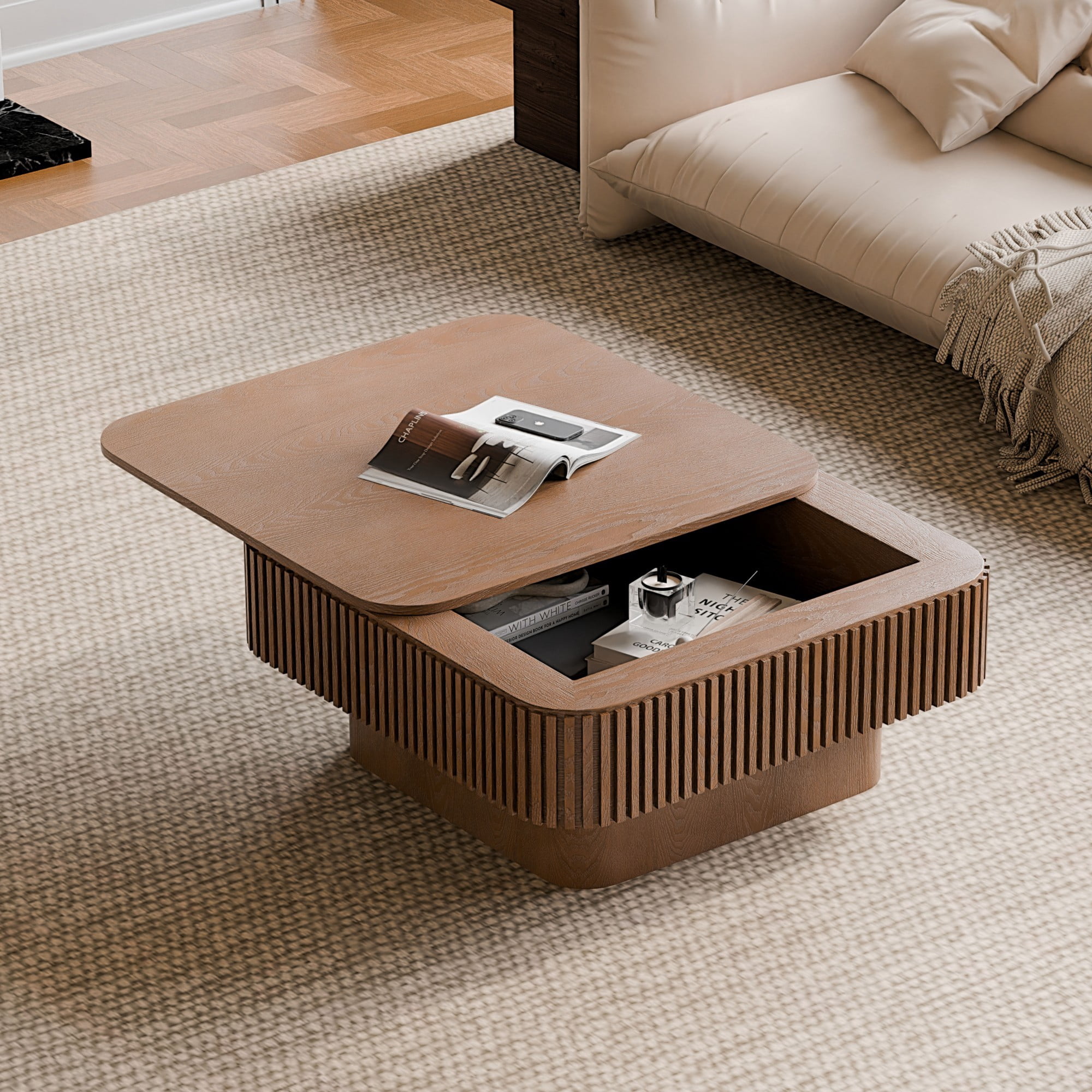 31.5" Square Coffee Table with Storage, Modern Fluted Coffee Table with Hidden Compartment, Wood Veneer Center Table for Living Room, Walnut