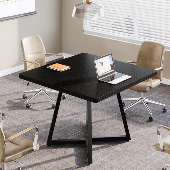 31.5" Square Conference Table, Industrial Office Meeting Table for 4 People, Business Podcast Furniture with Metal Base for Small Spaces, Office Conference