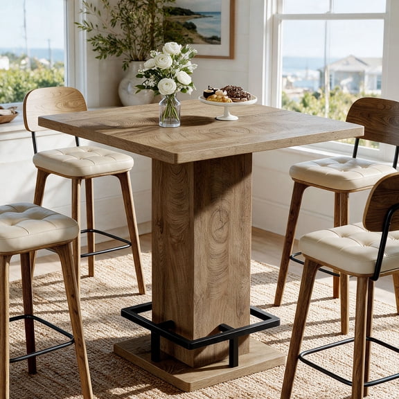 31.5" Square Counter Height Dining Table, Small Kitchen Table with Pedestal Base & Metal Footrest, 2-4 Person Farmhouse Table for Apartment, Breakfast Nook & Dining Area