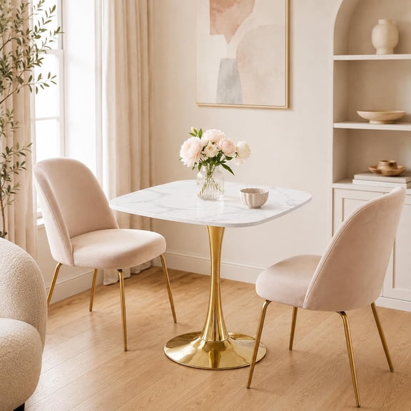 31.5" Square Dining Table for 2-4, White Marble-Look MDF Top with Gold Tulip Pedestal Base, Mid-Century Modern Kitchen Table for Apartment, Breakfast Nook, Café and Bistro