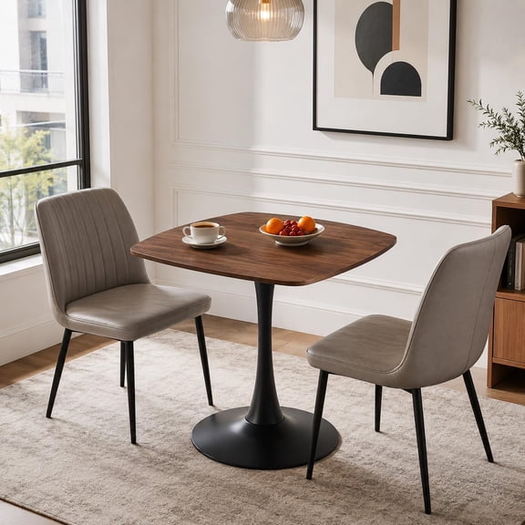 31.5" Square Dining Table, Modern Mid-Century Walnut Wood Grain Kitchen Table for 2-4, Black Metal Pedestal Base Small Space Dining Table for Apartment, Café, Breakfast Nook