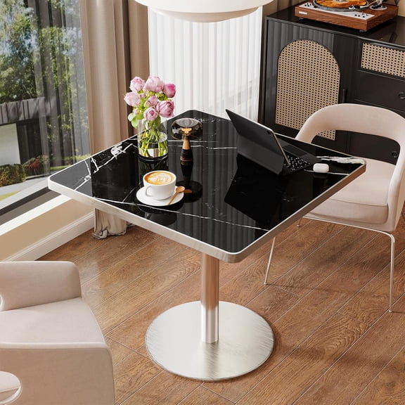 31.5" Square Dining Table, Square Restaurant Table with 1.2" Thick Sintered Stone Tabletop and Golden Metal Pedestal Base, Bistro Table for Diner, Bar, kitchen, Bakery, Apartment (Marble Black Silver