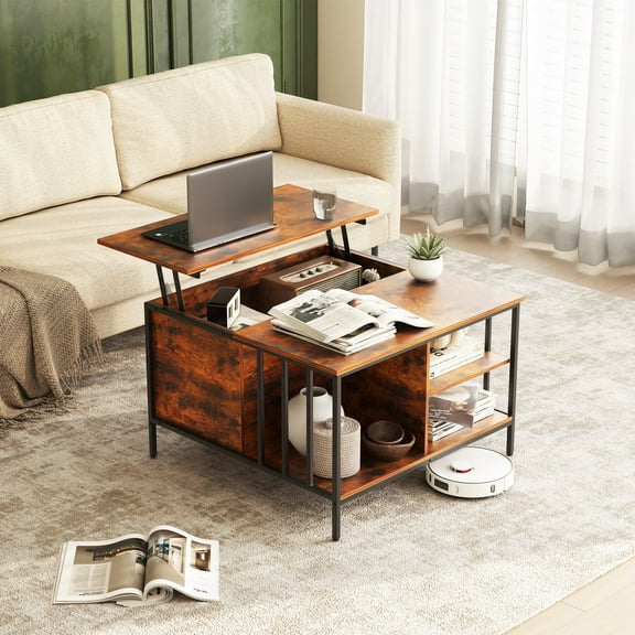 31.5" Square Farmhouse Lift-Top Coffee-Table with Storage Brown Metal Adjustable Height Living Room Table with Hidden Compartment 3 Shelves for Small Spaces Work Family