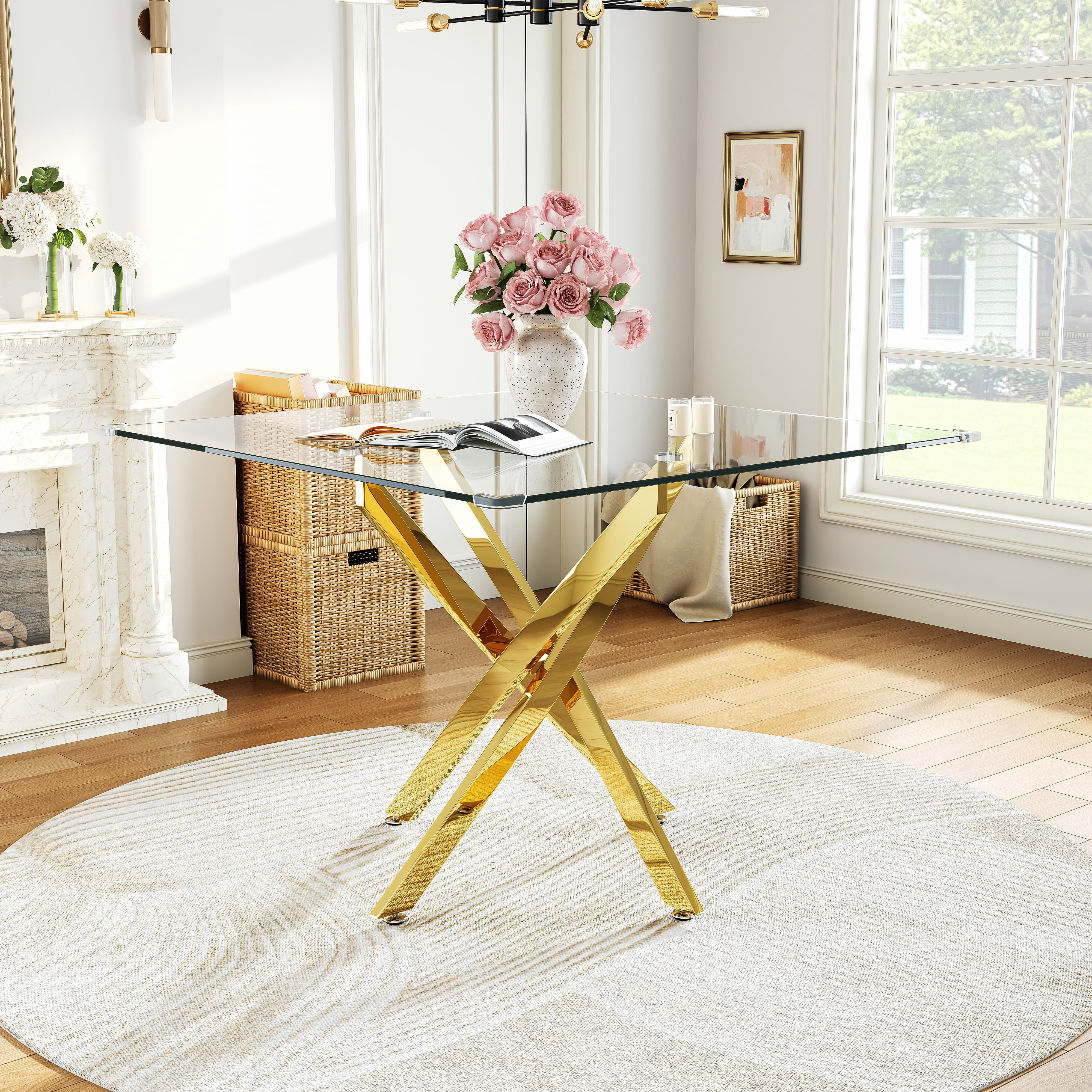 36" Square Glass Dining Table for 2 to 4, Clear Tempered Glass Top & Stainless Steel Metal Legs, Modern Small Kitchen Table for Apartment, Office, Dining room