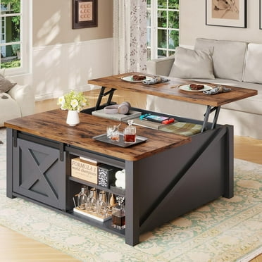 31.5" Square Lift Top Coffee Table, Farmhouse Coffee Table with Ample Storage, Wood Center Table with Sliding Doors and Large Hidden Space for Living Room Home Office, Black