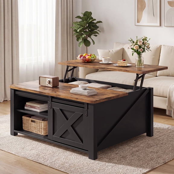 31.5" Square Lift Top Wood Coffee Table with Sliding Doors, Farmhouse Center Table with Large Hidden Storage Cabinet & Shelves, Tea Table for Living Room, Home Office, Black