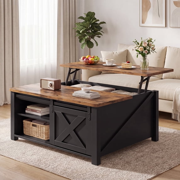 31.5" Square Lift Top Wood Coffee Table with Sliding Doors, Farmhouse Center Table with Large Hidden Storage Cabinet & Shelves, Tea Table for Living Room, Home Office, Black