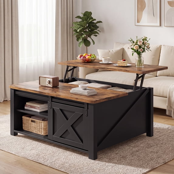 31.5" Square Lift Top Coffee Table, Farmhouse Coffee Table with Ample Storage, Wood Center Table with Sliding Doors and Large Hidden Space for Living Room Home Office, Black