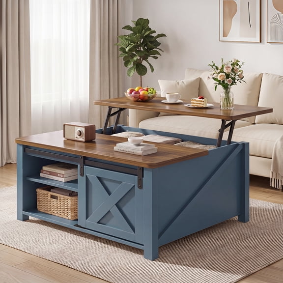 31.5" Square Lift Top Wood Coffee Table with Sliding Doors, Farmhouse Center Table with Large Hidden Storage Cabinet & Shelves, Tea Table for Living Room, Home Office, Blue