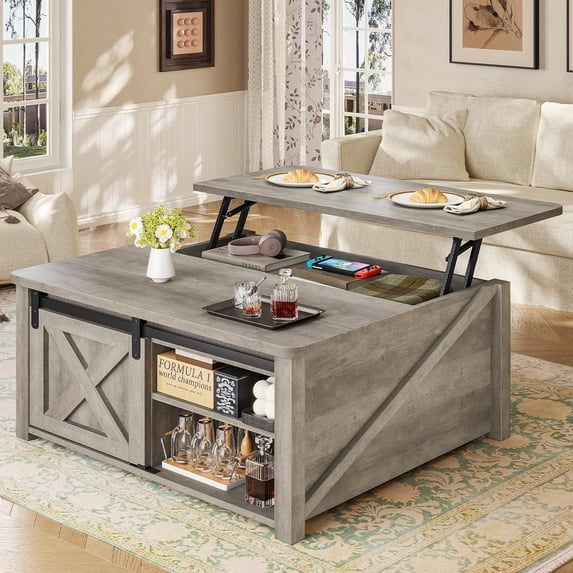 31.5" Square Lift Top Coffee Table, Farmhouse Coffee Table with Ample Storage, Wood Center Table with Sliding Doors and Large Hidden Space for Living Room Home Office, Grey