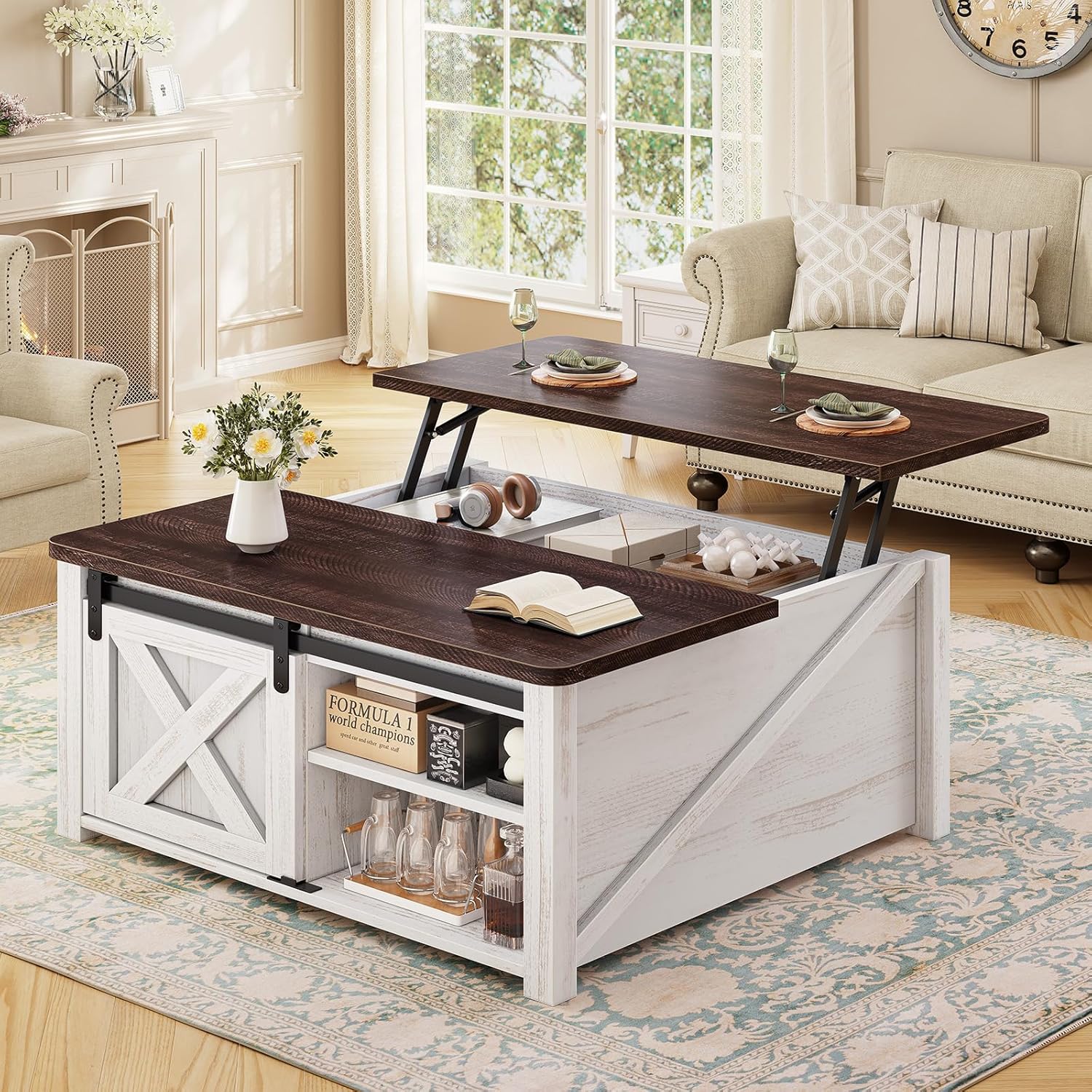 31.5" Square Lift Top Coffee Table, Farmhouse Coffee Table with Ample Storage, Wood Center Table with Sliding Doors and Large Hidden Space for Living Room Home Office, Vintage White