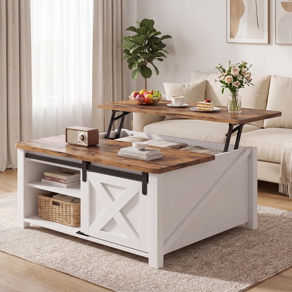 31.5" Square Lift Top Wood Coffee Table with Sliding Doors, Farmhouse Center Table with Large Hidden Storage Cabinet & Shelves, White Tea Table for Living Room, Home Office
