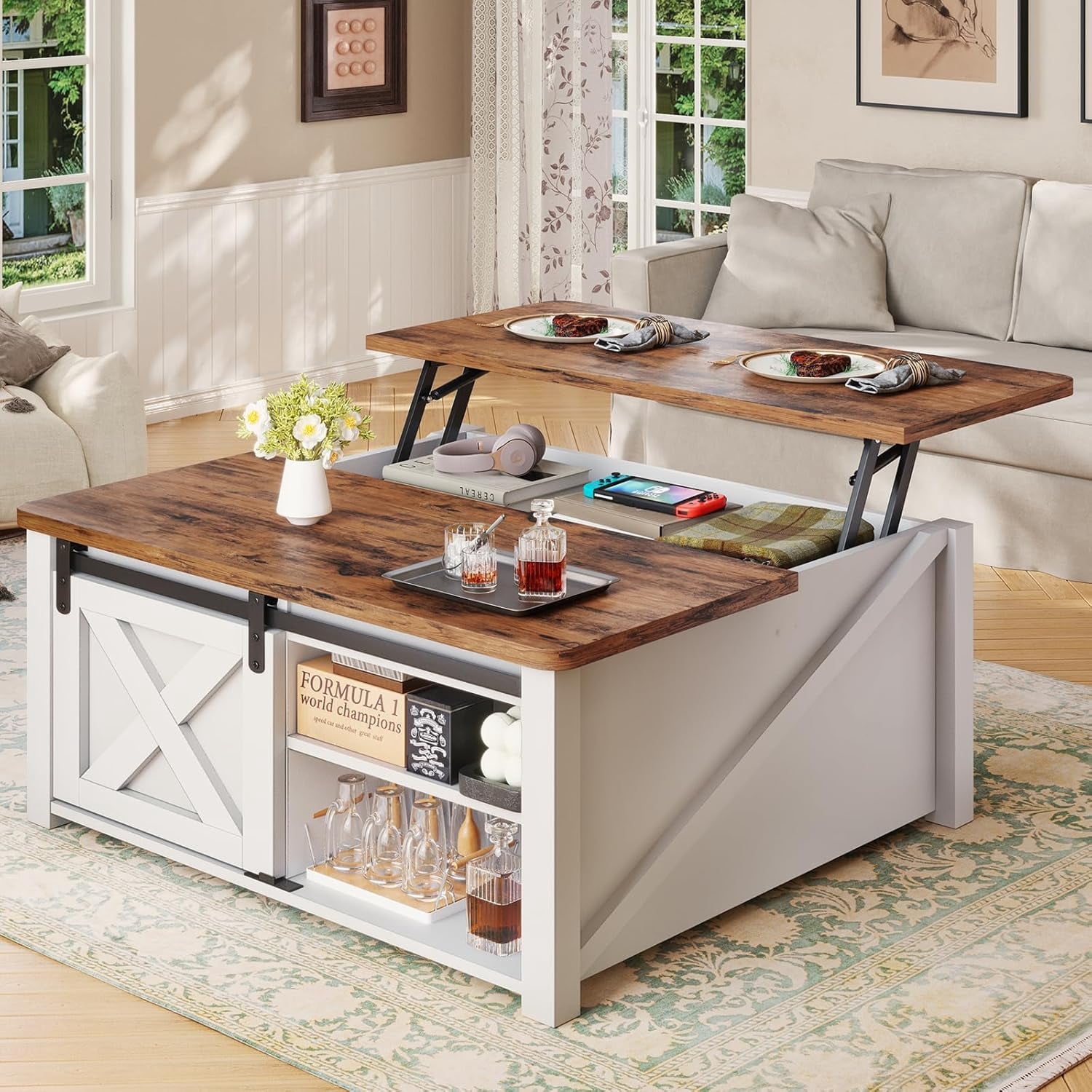31.5" Square Lift Top Coffee Table, Farmhouse Coffee Table with Ample Storage, Wood Center Table with Sliding Doors and Large Hidden Space for Living Room Home Office, White