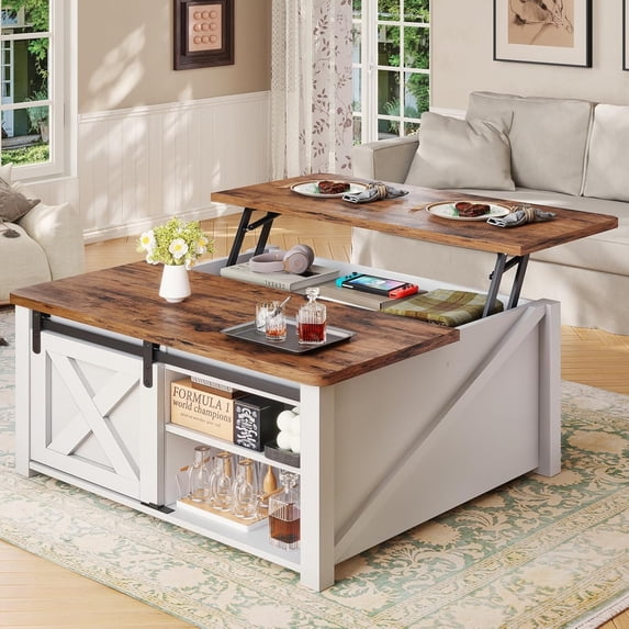 31.5" Square Lift Top Coffee Table, Farmhouse Coffee Table with Ample Storage, Wood Center Table with Sliding Doors and Large Hidden Space for Living Room Home Office, White