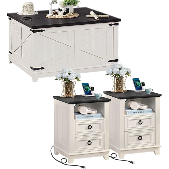 31.5" Square Lift Top Coffee Table & Farmhouse Nightstand with Shelf & Charging Ports, Wood Center Table w/Large Hidden Space for Living Room Home Office, White