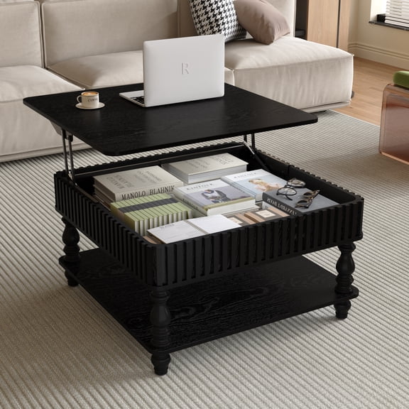 31.5" Square Lift Top Coffee Table with Hidden Storage, Hydraulic Rising Wood Center Table with Open Shelf, Fluted Design, Tool-Free Assembly for Living Room, Black