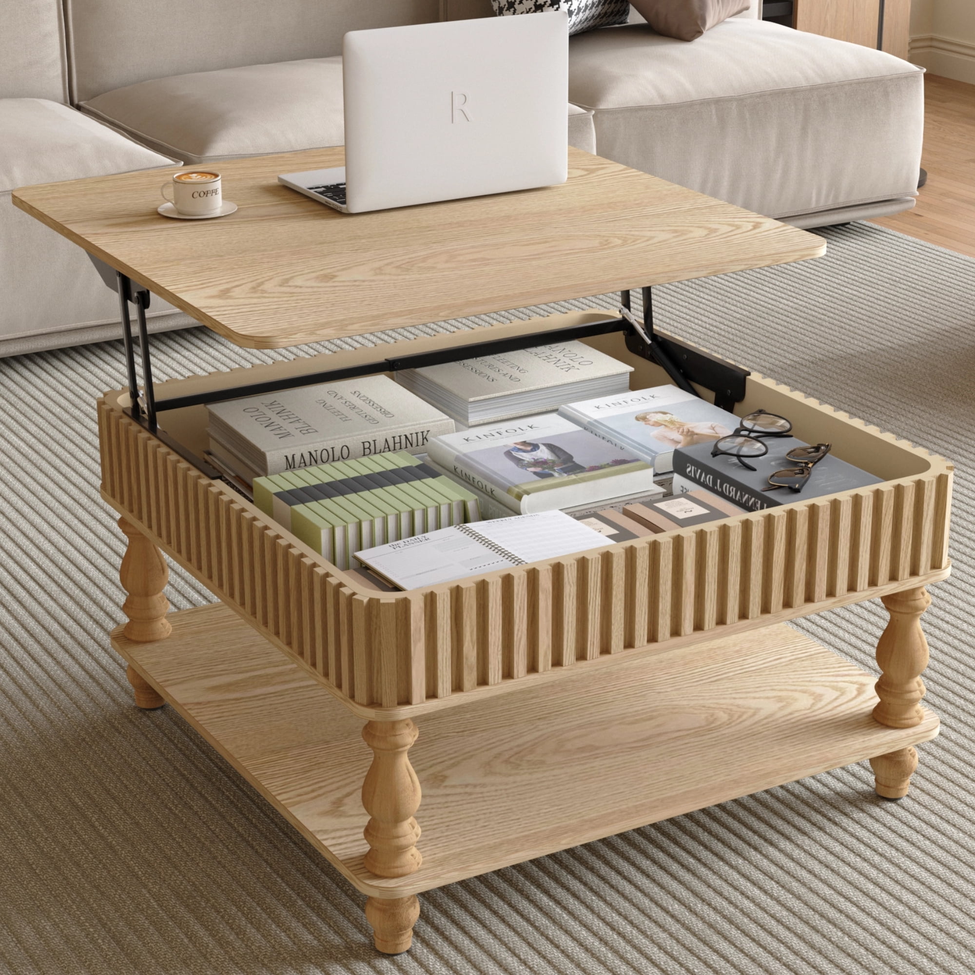 31.5" Square Lift Top Coffee Table with Hidden Storage, Hydraulic Rising Wood Center Table with Open Shelf, Fluted Design, Tool-Free Assembly for Living Room, NaturalWood