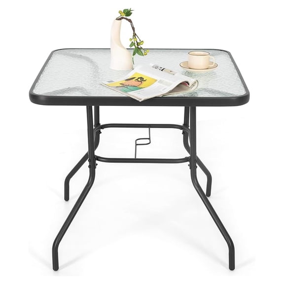 31.5" Square Patio DiningTable, Outdoor Bistro Table, Tempered Glass Top & Sturdy Metal Frame, Coffee Table with 1.97" Umbrella Hole for Lawn Balcony Yard Deck, Black