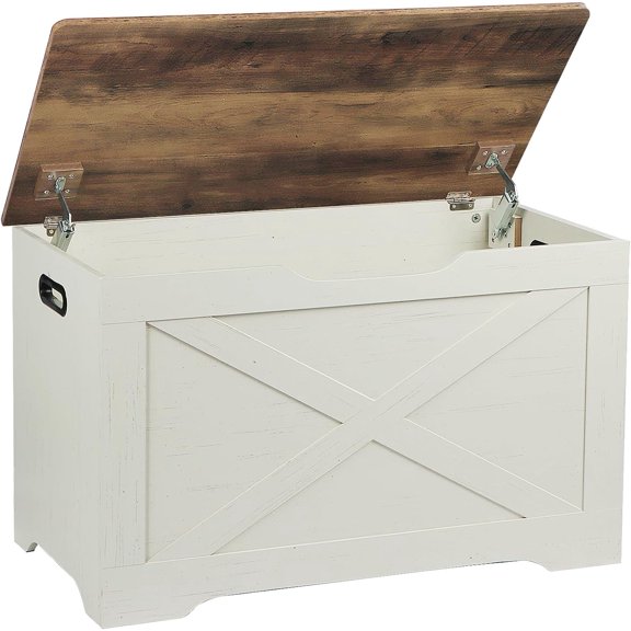 31.5" Storage Chest, Wooden Storage Bench, Entryway Shoes Bench | Storage Trunk with 2 Safety Hinges, for Living Room, Bedroom, 15.7 x 31.5 x 18.9 Inches, Brown and Rustic White