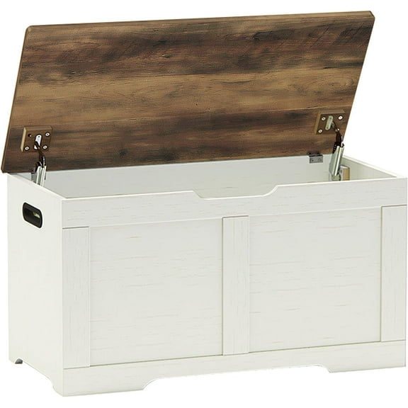 31.5" Storage Chest, Wooden Storage Bench, Lift Top Toy Chest with 2 Safety Hinges, Large Toy Box, Entryway Shoes Bench for Living Room, Bedroom, Brown and Rustic White