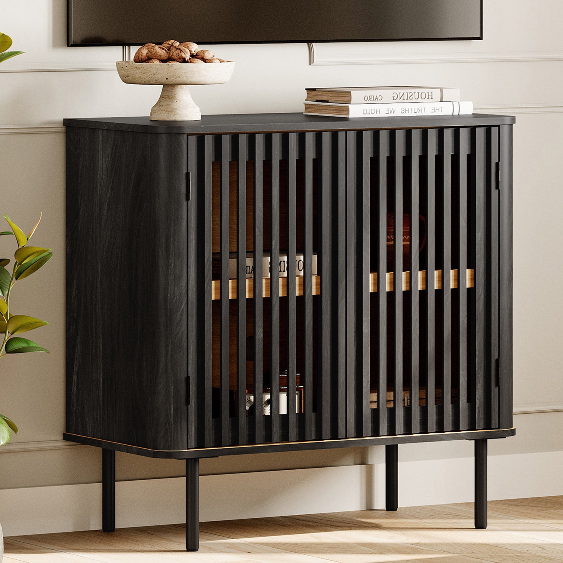 31.5" TV Stand for TVs up to 43", Pop-up Design Wood Entertainment Center with Storage, Black