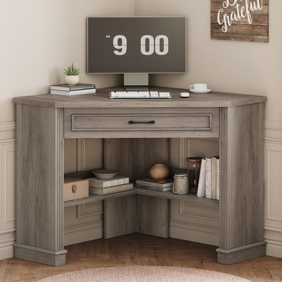 31.5" Triangle Corner Office Desk with Drawer and Open Storage Shelves, Farmhouse Computer Desk for Home Office