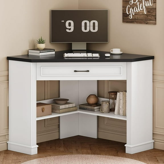31.5" Triangle Corner Office Desk with Drawer and Open Storage Shelves, Farmhouse Computer Desk for Home Office