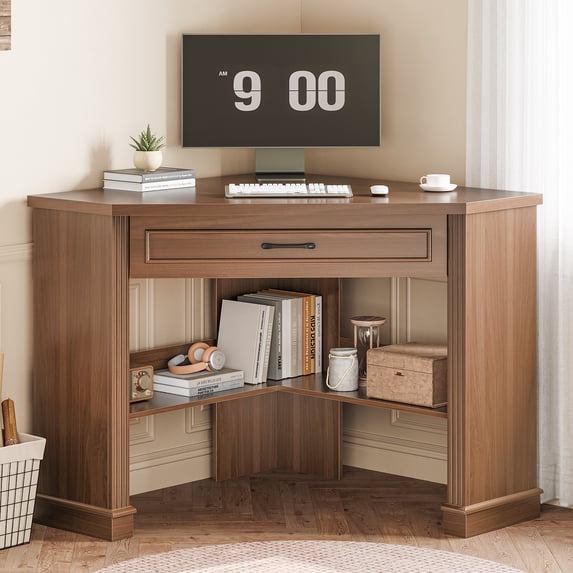 31.5" Triangle Corner Office Desk with Drawer and Open Storage Shelves, Farmhouse Computer Desk for Home Office