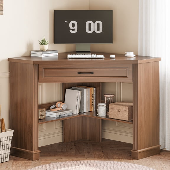 31.5" Triangle Corner Office Desk with Drawer and Open Storage Shelves, Farmhouse Computer Desk for Home Office