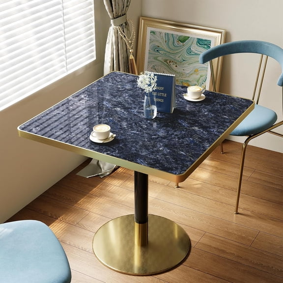 31.5'' Tulip Table, Square Dining Table with Sintered Stone Tabletop | Gold Aluminum Alloy Edge & Pedestal, Bistro Table for 2-4 Person for Kitchen/Cafe/Small Spaces/Restaurant (Sapphire Galaxy)