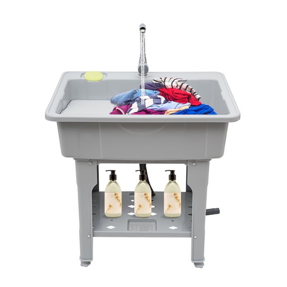 31.5" Utility Sink Laundry Tub, Freestanding Plastic Laundry Sink with Washboard, Portable Wash Bowl Basin with Faucet for Laundry Room, Garden, Gray