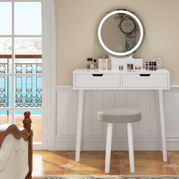 31.5" Vanity Desk with Stool, Makeup Table with 2 Drawers, Makeup Vanity Desk with Touch Light Mirror, White